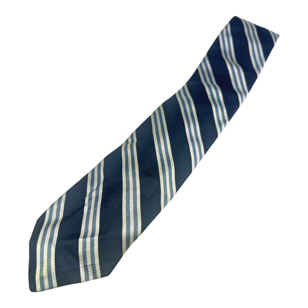 Robert Talbott Mens Silk Repp Stripe Tie Navy Blue White Made in USA Preppy 60"